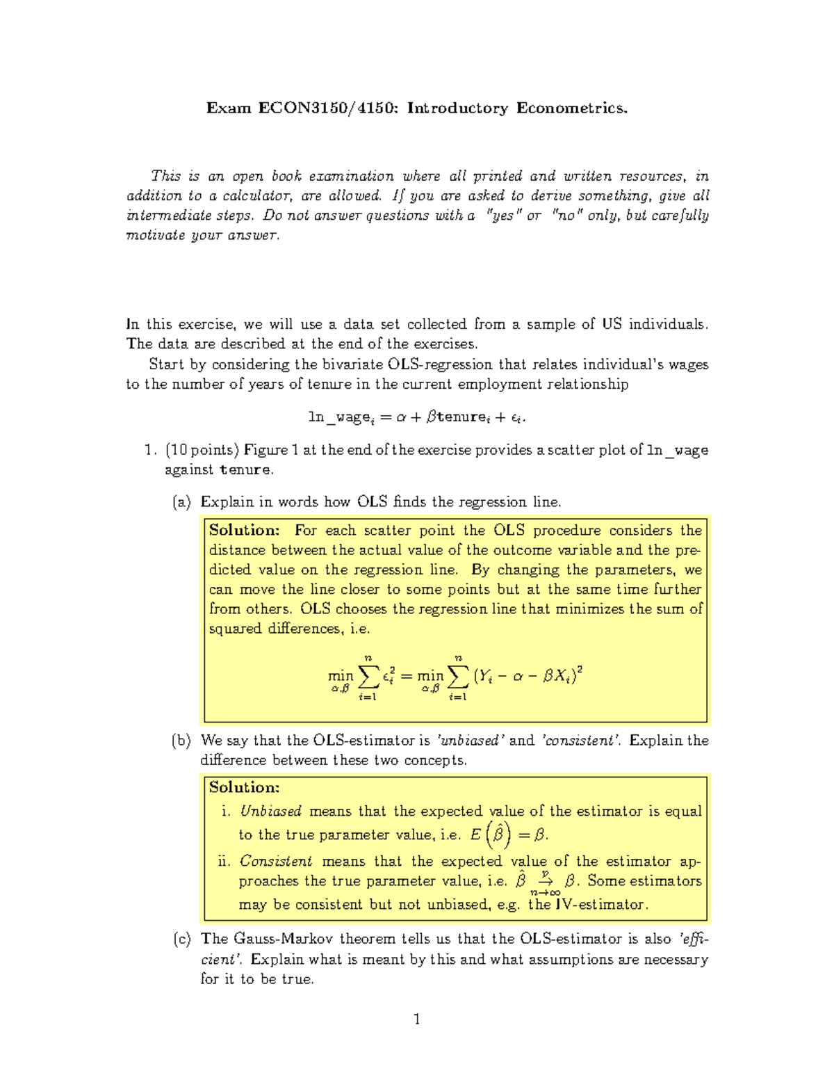 ECON3150/4150: Introductory Econometrics Test - Open Book Exam - Studocu