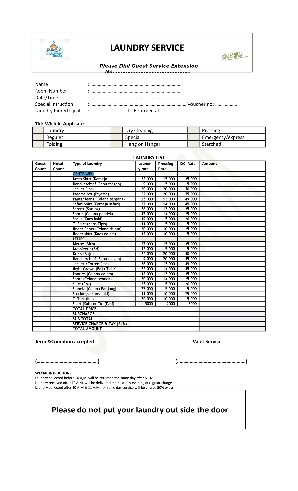 Laundry Service Form - Guest Request & Pricing Details - Studocu