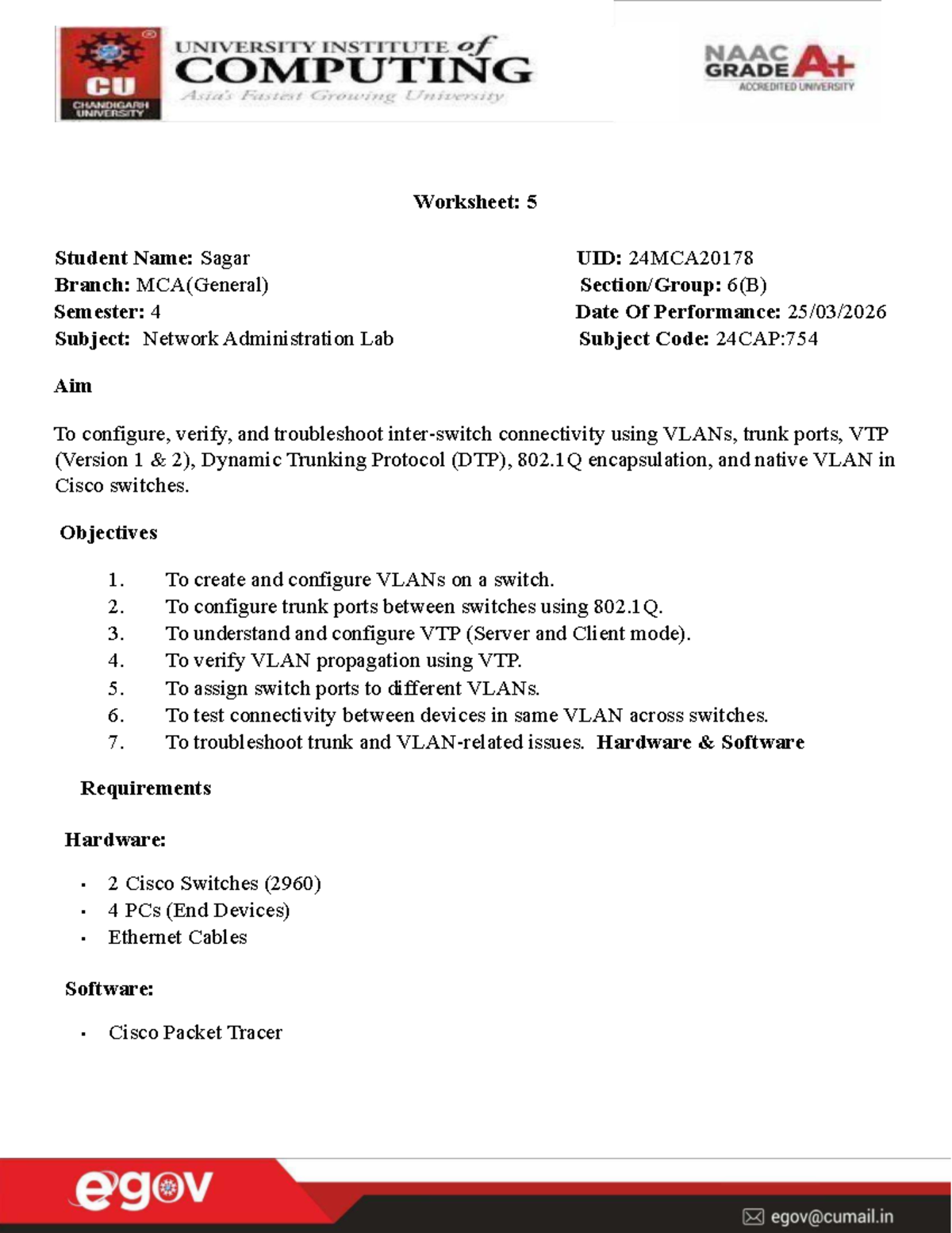 Worksheet: Network Administration Lab (24CAP:754) - VLAN Configuration ...