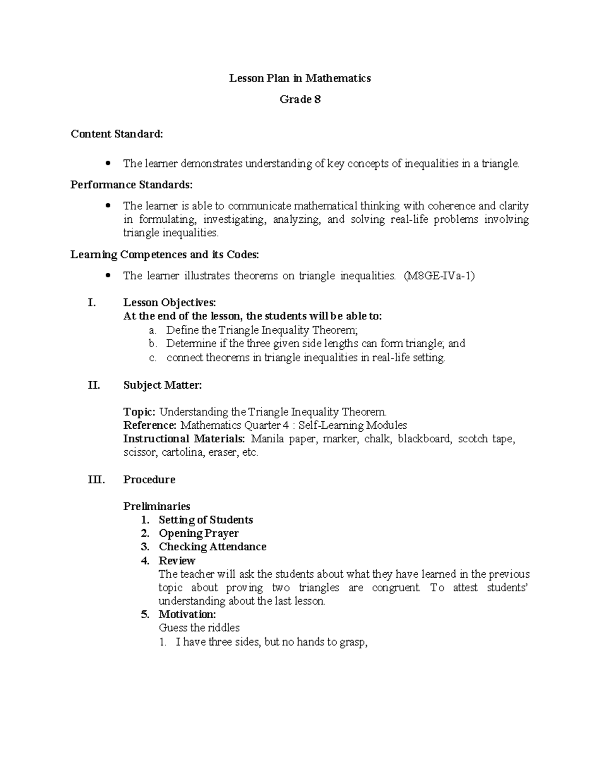 4As LP Understanding Theorems D1 - Content Standard: Lesson Plan in ...
