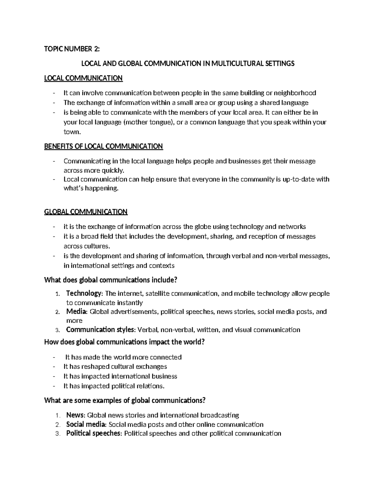Topic 2 Local AND Global Communication IN Multicultural Settings ...