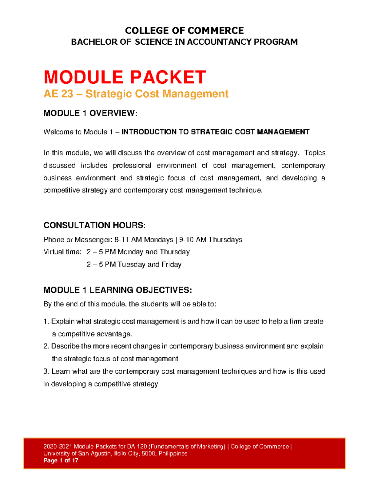 Module 1 AE 23: Introduction to Strategic Cost Management Overview ...