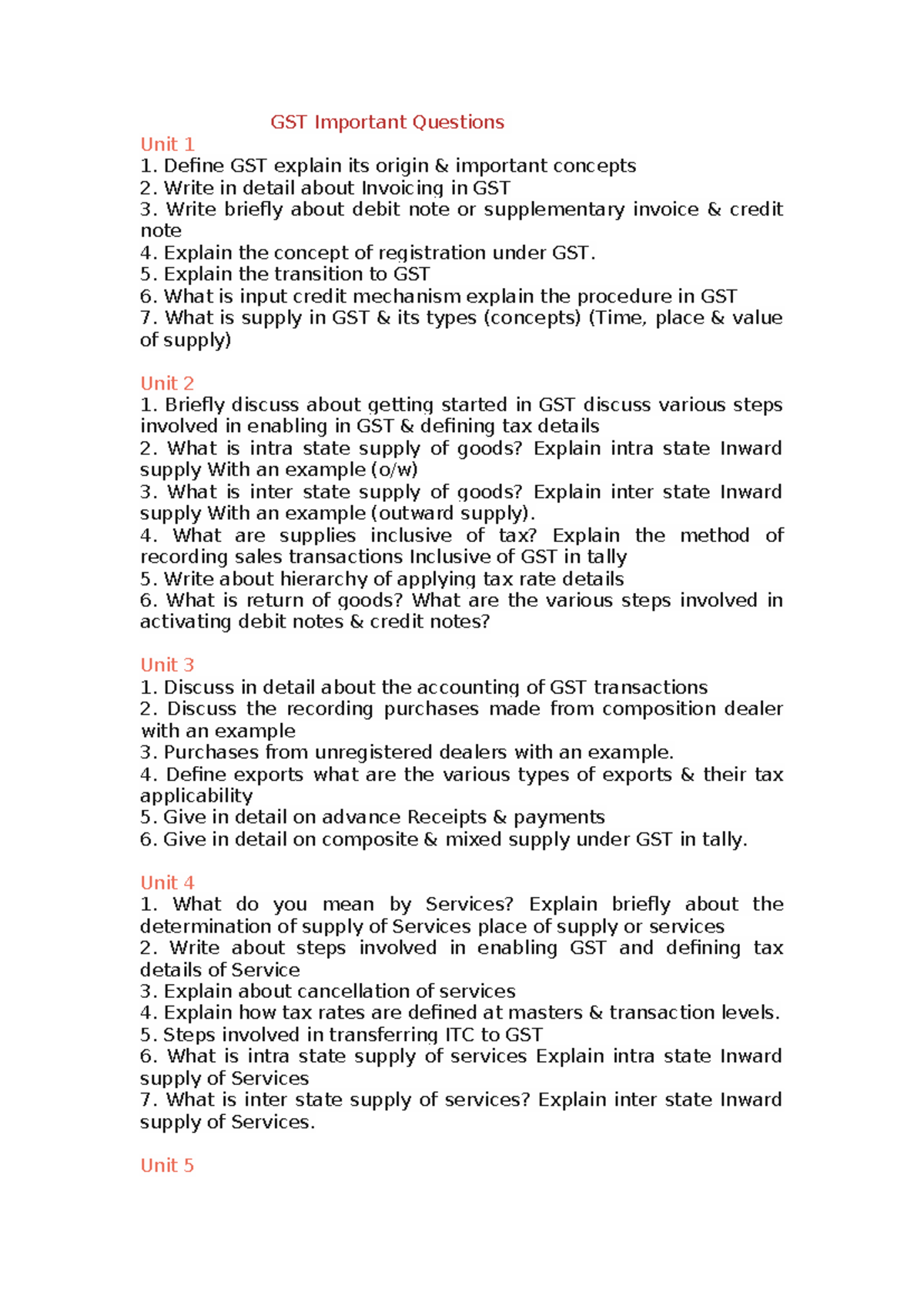 GST Important Questions Overview for Exam Preparation - Studocu