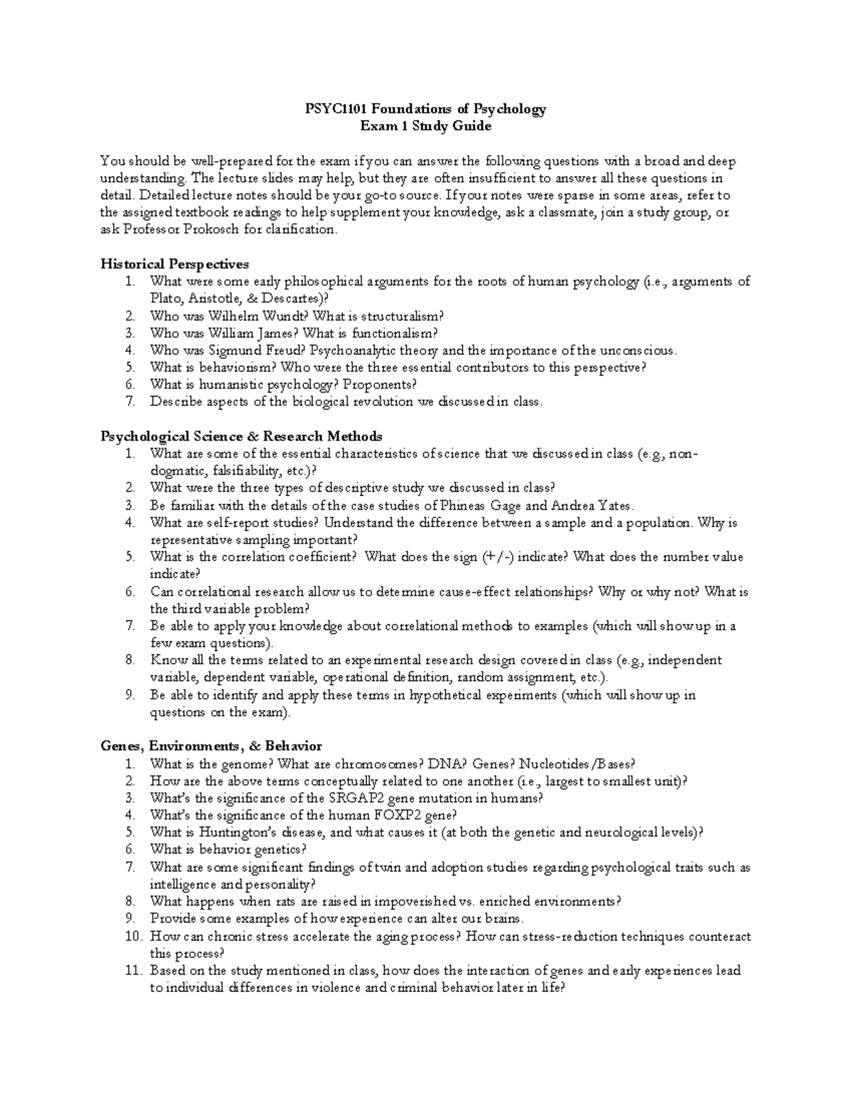 PSYC1101 Foundations of Psychology Exam 1 Study Guide Review - Studocu