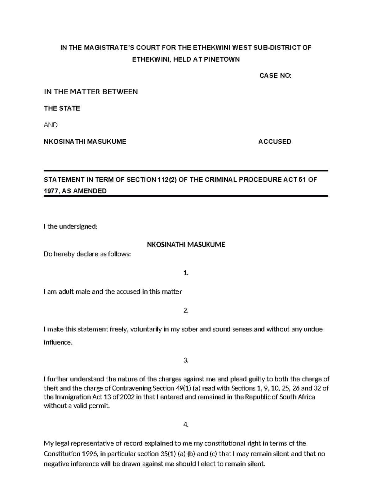Plea of Guilty Statement - Case No: EThekwini Court - Studocu