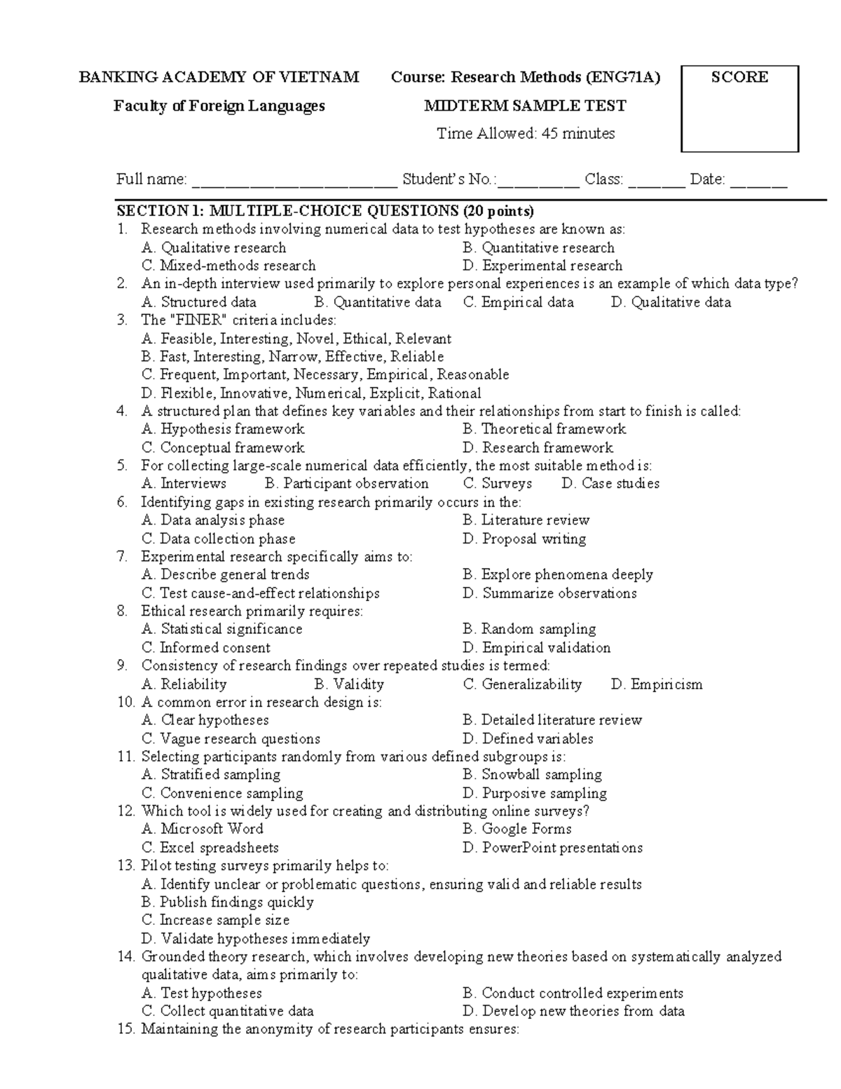 Research Methods (ENG71A) Midterm Sample Test & Answers (ATC 2025 ...
