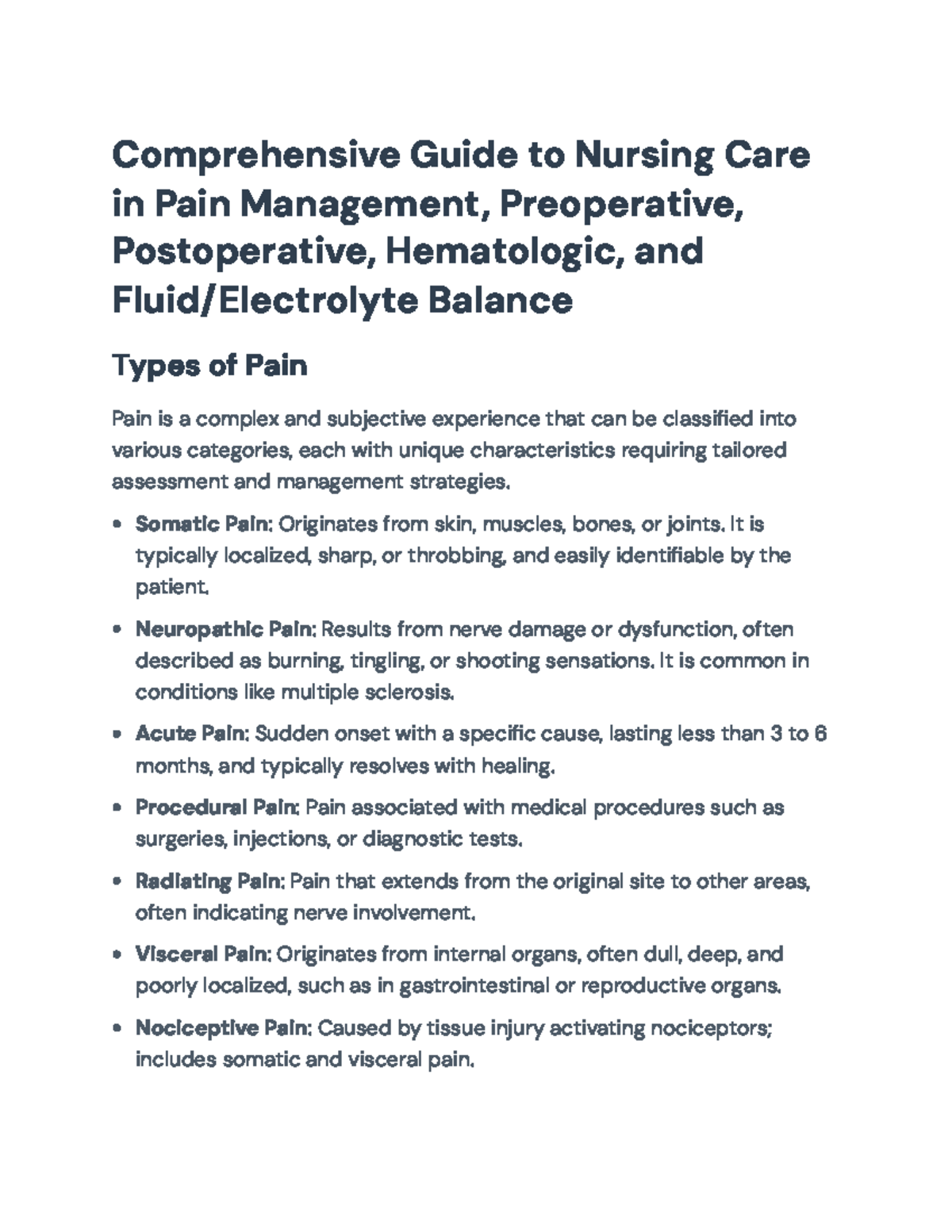 Comprehensive Nursing Care Guide: Pain Management & Hematology (NUR 301 ...