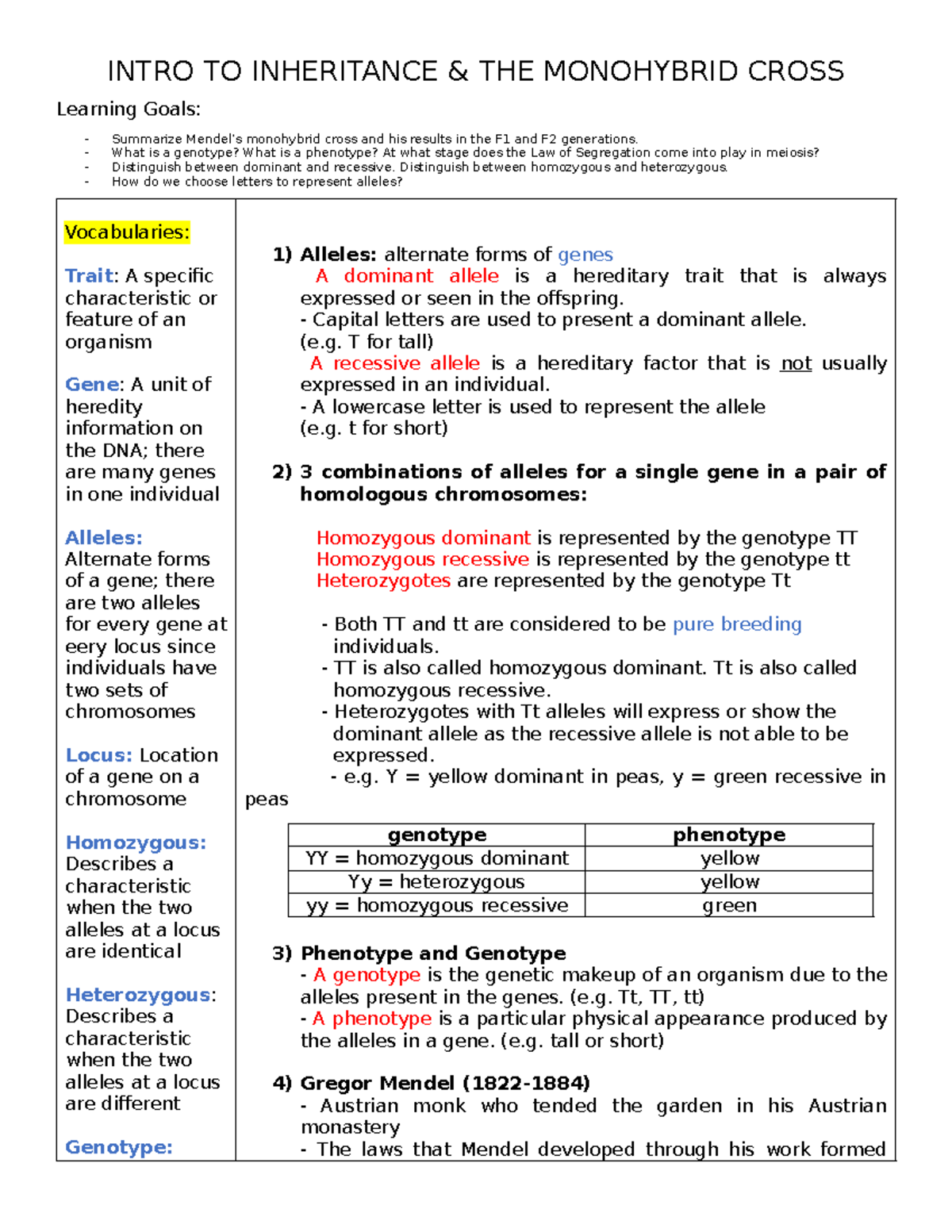 Biology 11 Inheritance & The Monohybrid Cross - Learning Goals ...