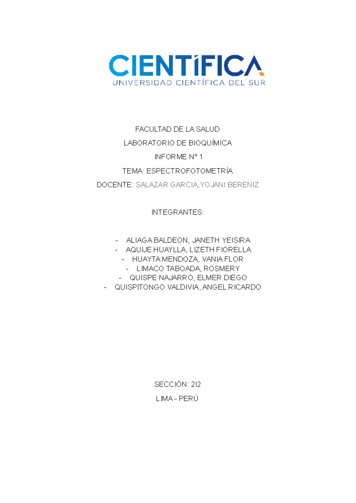 Informe de Laboratorio N° 1: Espectrofotometría en 2I - Document Preview