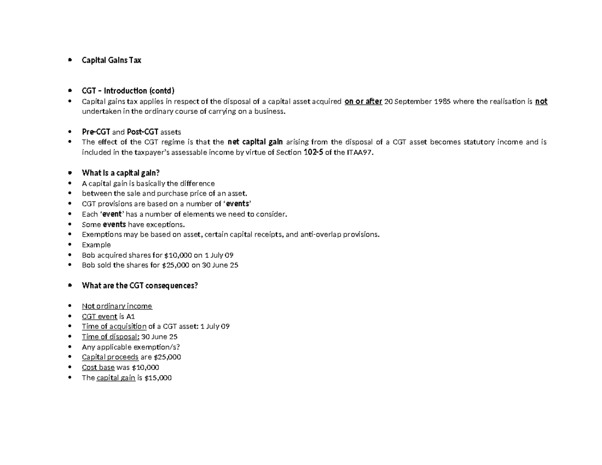 Wk 7 Capital Gains Tax (CGT) Overview and Key Concepts - Studocu