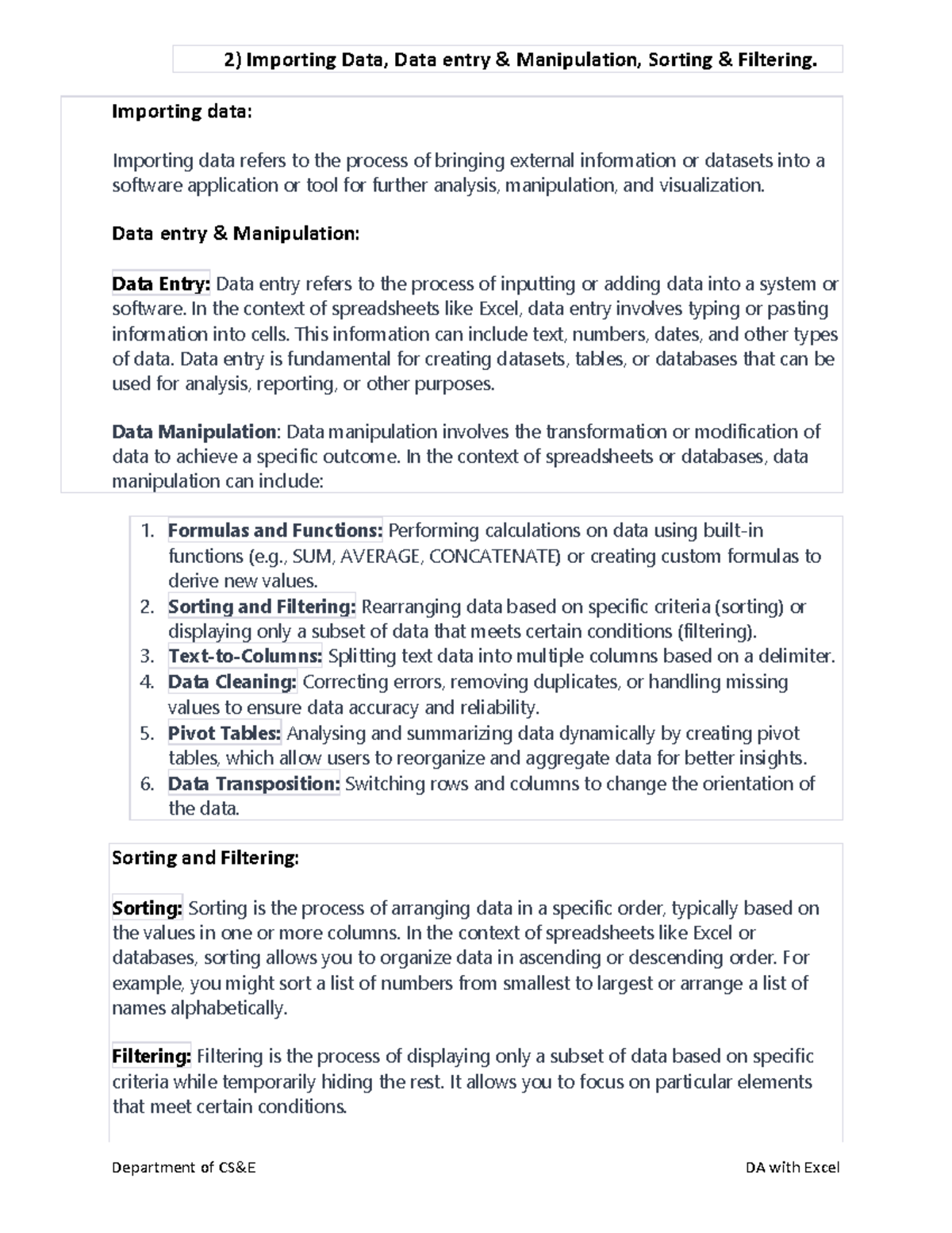 DA with Excel - 2) Importing Data, Data entry & Manipulation, Sorting ...