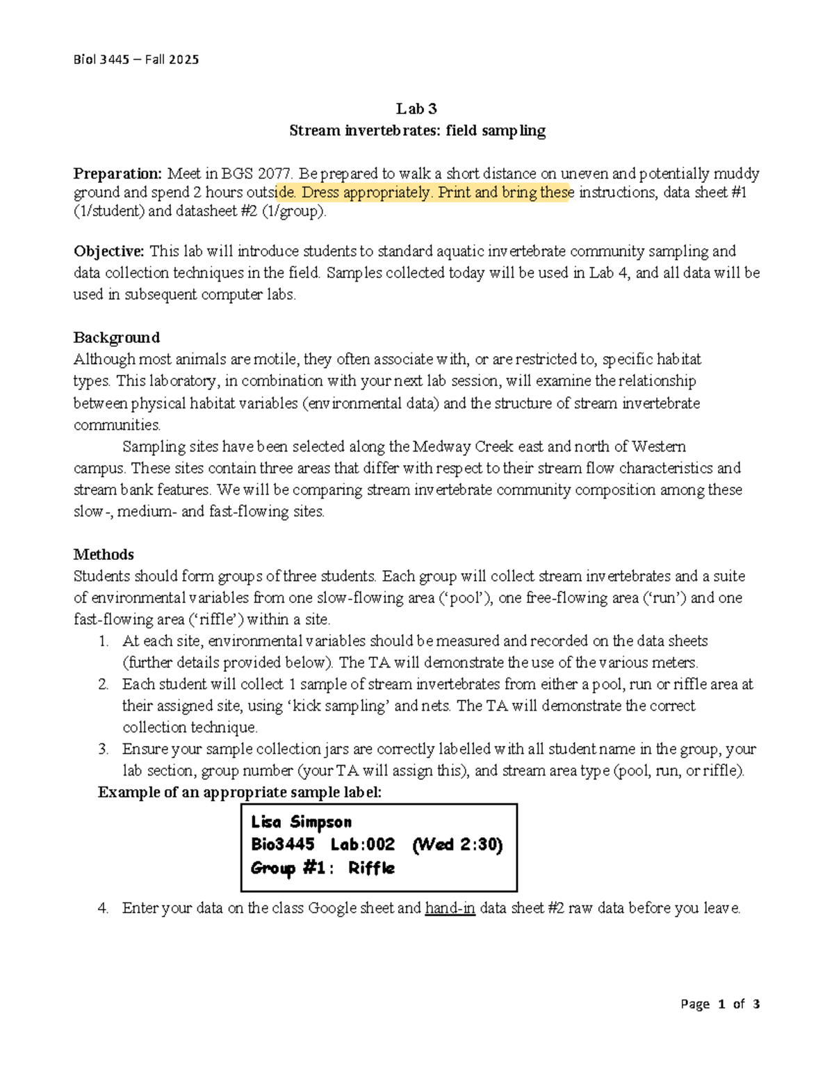 Biol 3445 Fall 2025 Lab 3: Stream Invertebrate Sampling Guide - Studocu