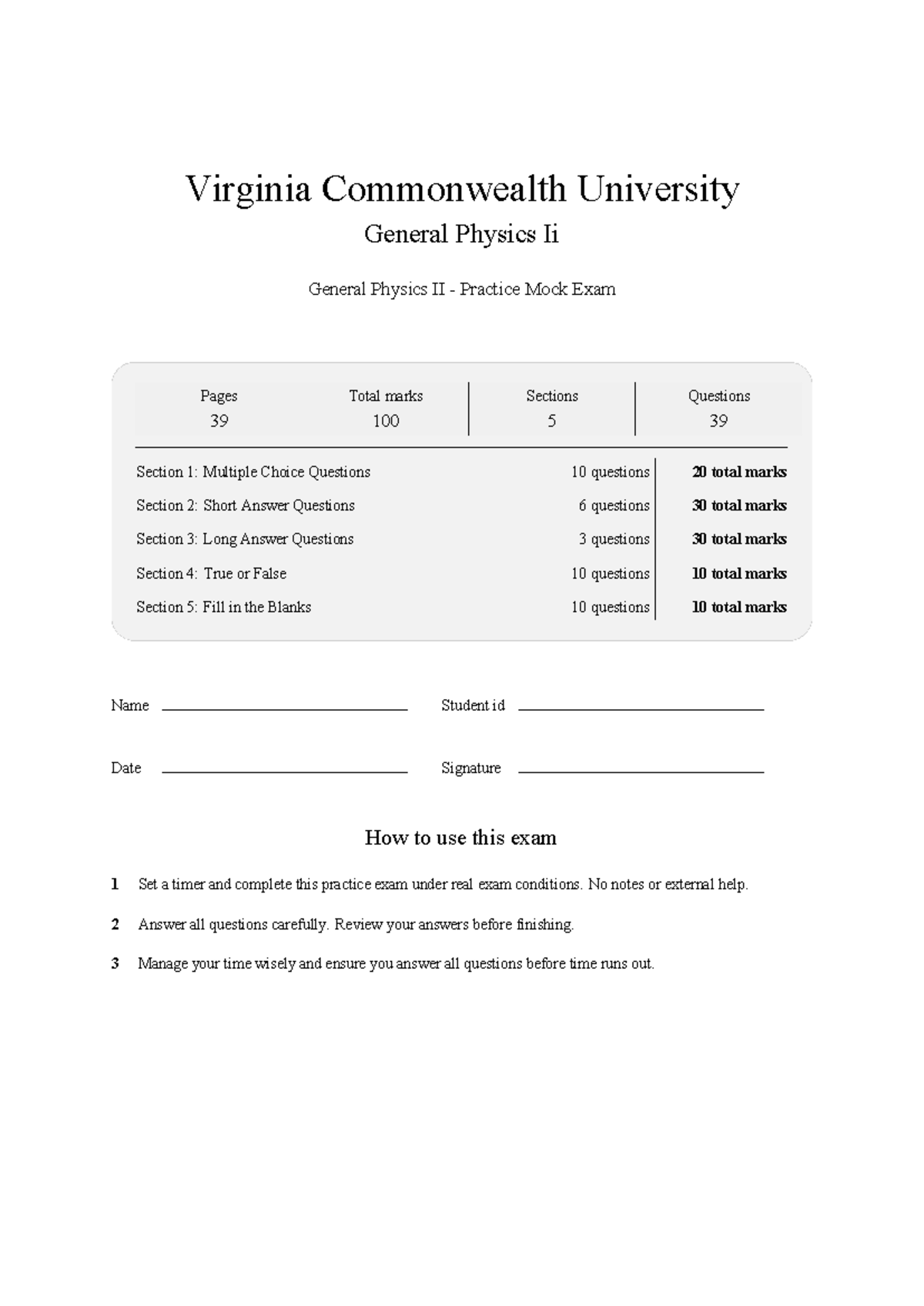 PHYS 202 General Physics II Mock Exam Practice Questions - Studocu