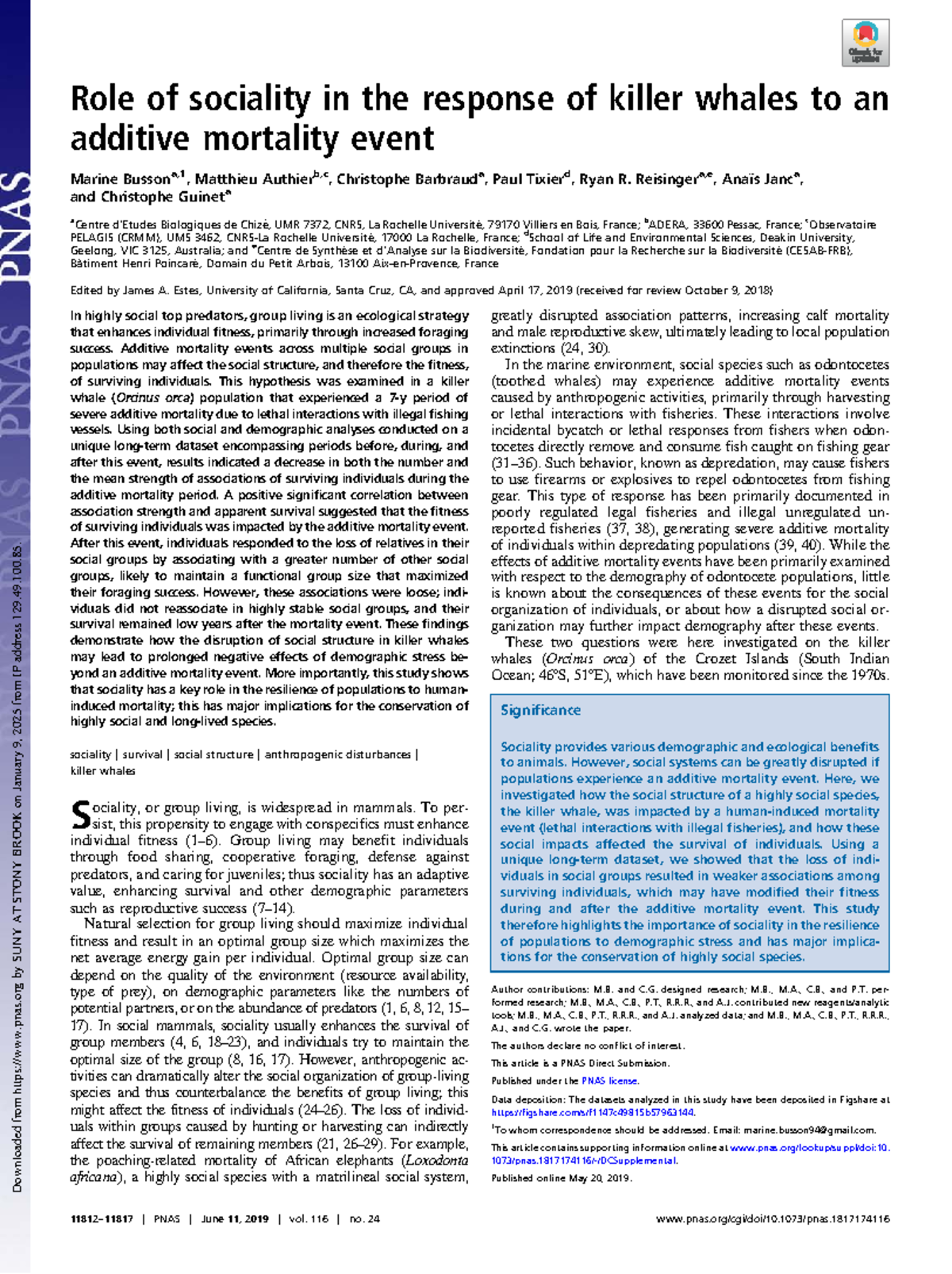 Impact of Additive Mortality on Crozet Killer Whale Social Structure ...