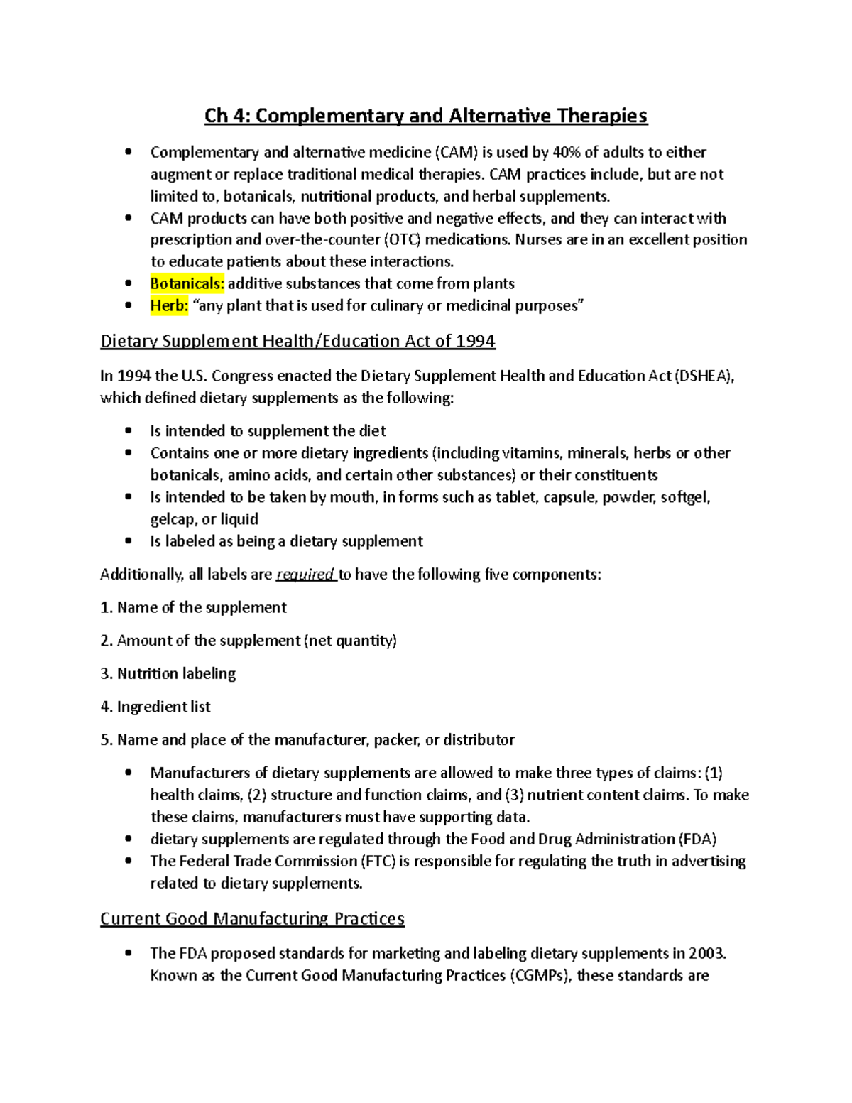 Chp 4 notes - Ch 4: Complementary and Alternative Therapies ...