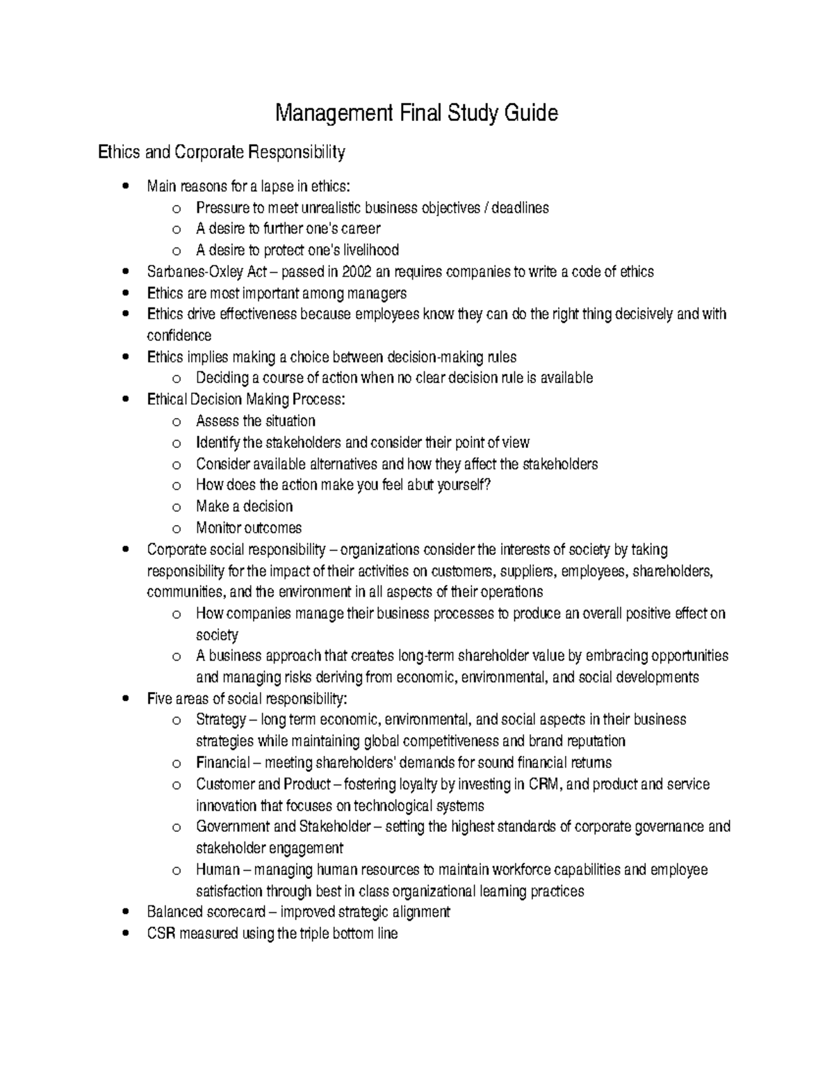 Management MGT 490 Final Exam Study Guide on Ethics & CSR - Studocu