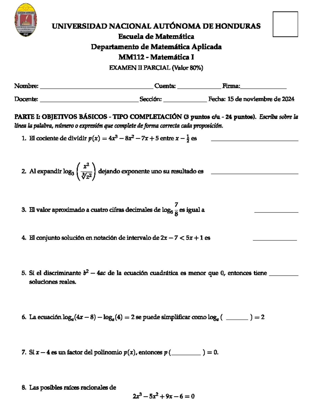 Examen Parcial MM112 Matemática I - PAC 2024: Objetivos Básicos y ...