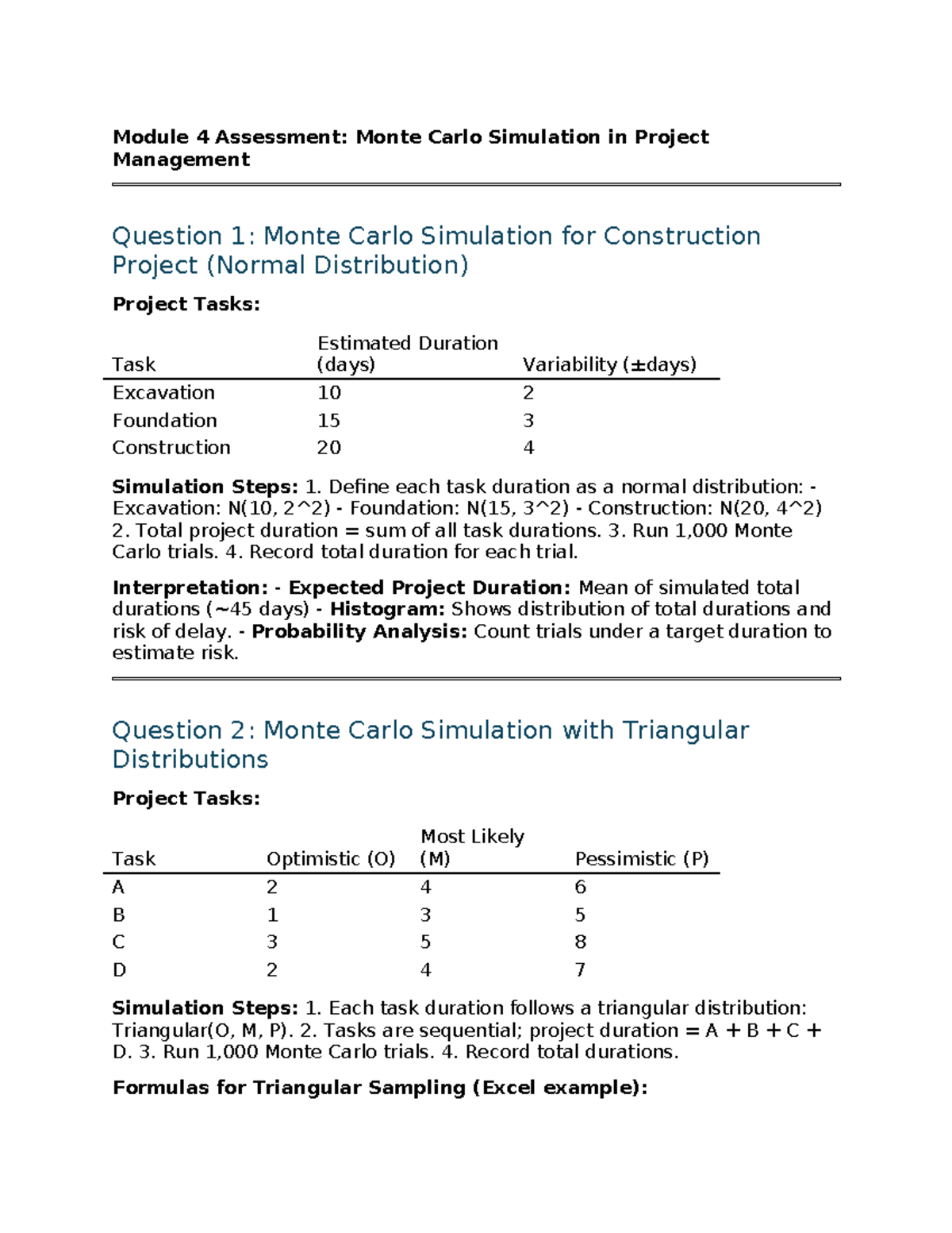 Module 4 Assessment: Monte Carlo Simulation in Project Management - Studocu