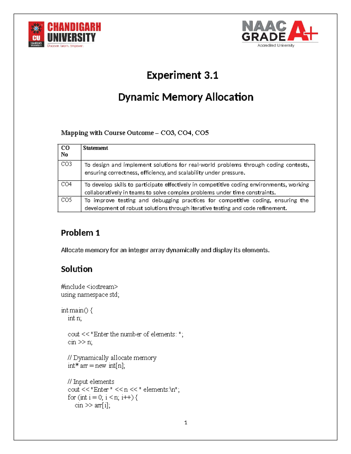 Experiment 3.1: Dynamic Memory Allocation Techniques - CO3, CO4, CO5 ...