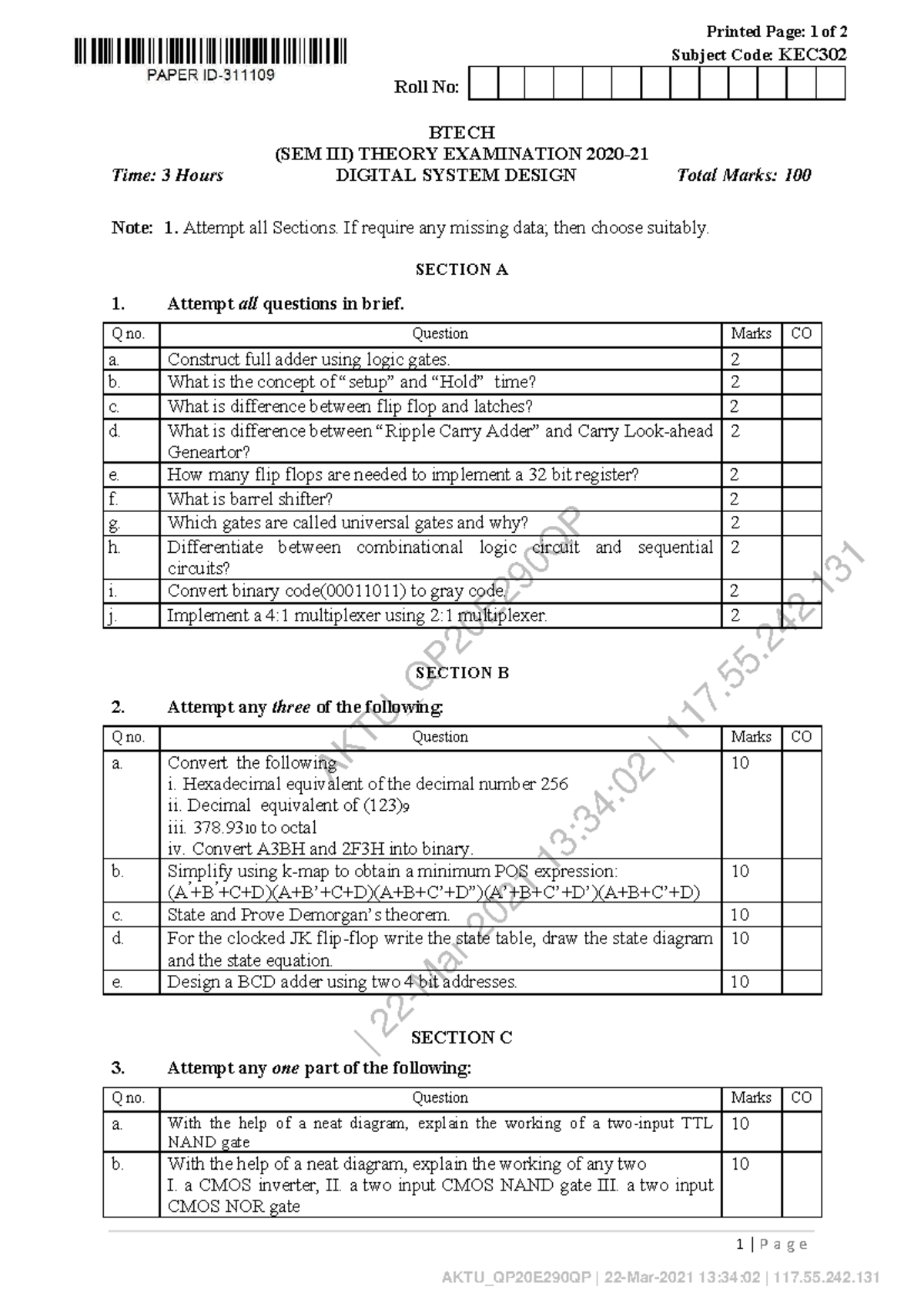 Digital System Design Final Exam KEC 302 - Studocu