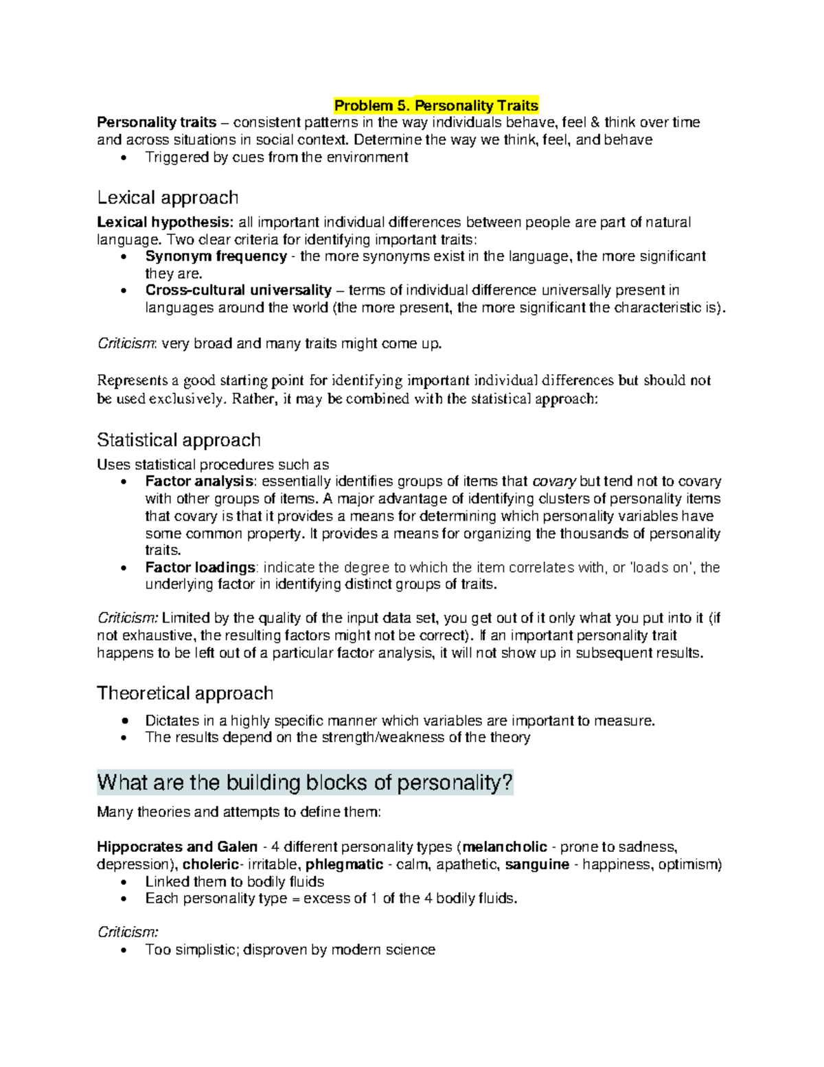 1.2C Personality Traits and Theories - Summary of Key Concepts ...