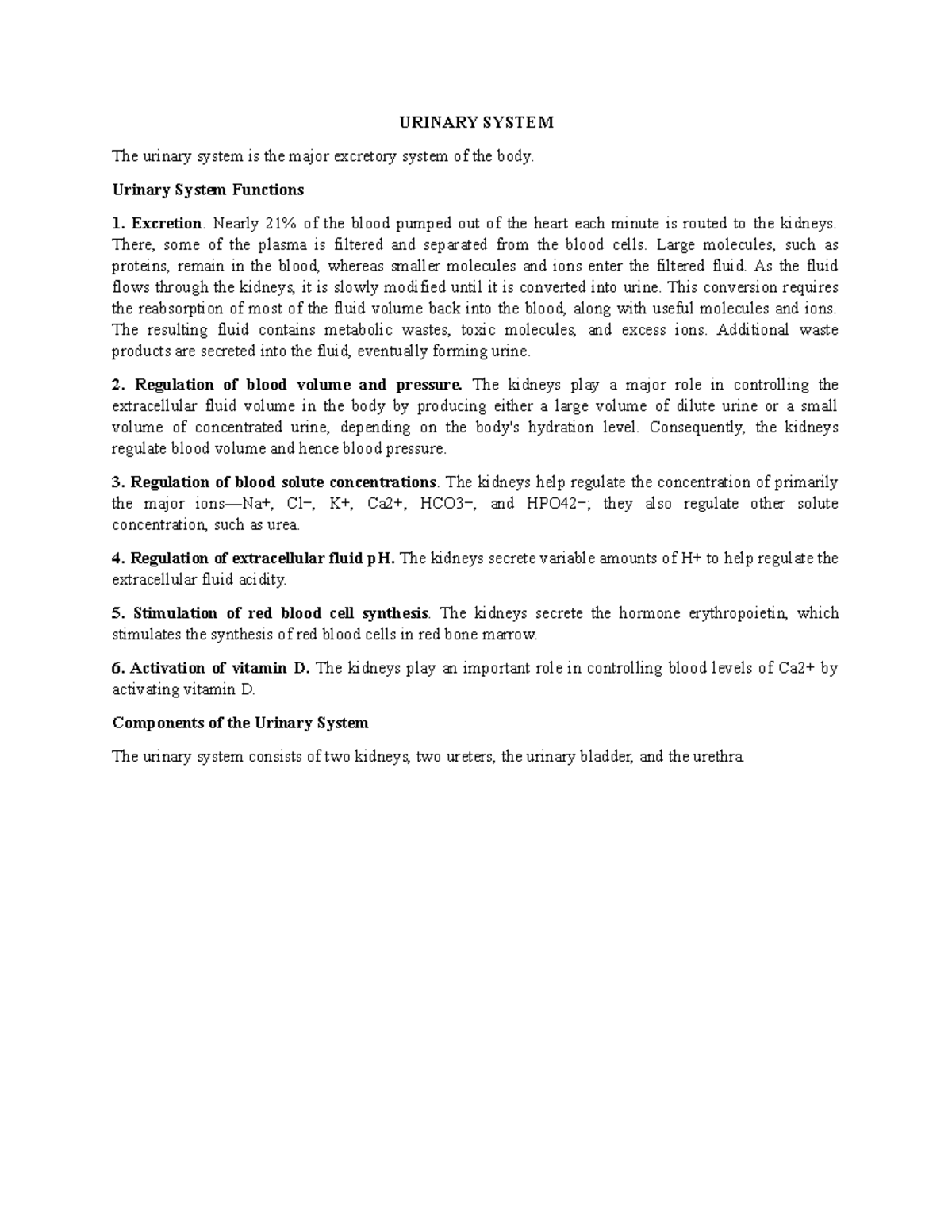 Urinary System Lecture Notes: Functions and Components Explained - Studocu