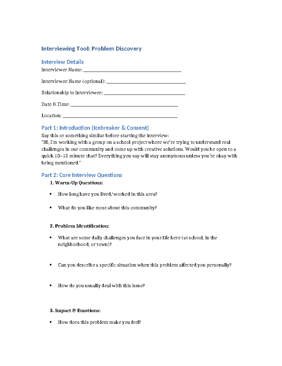 Interviewing Tool: Problem Discovery Interview Guide - Studocu