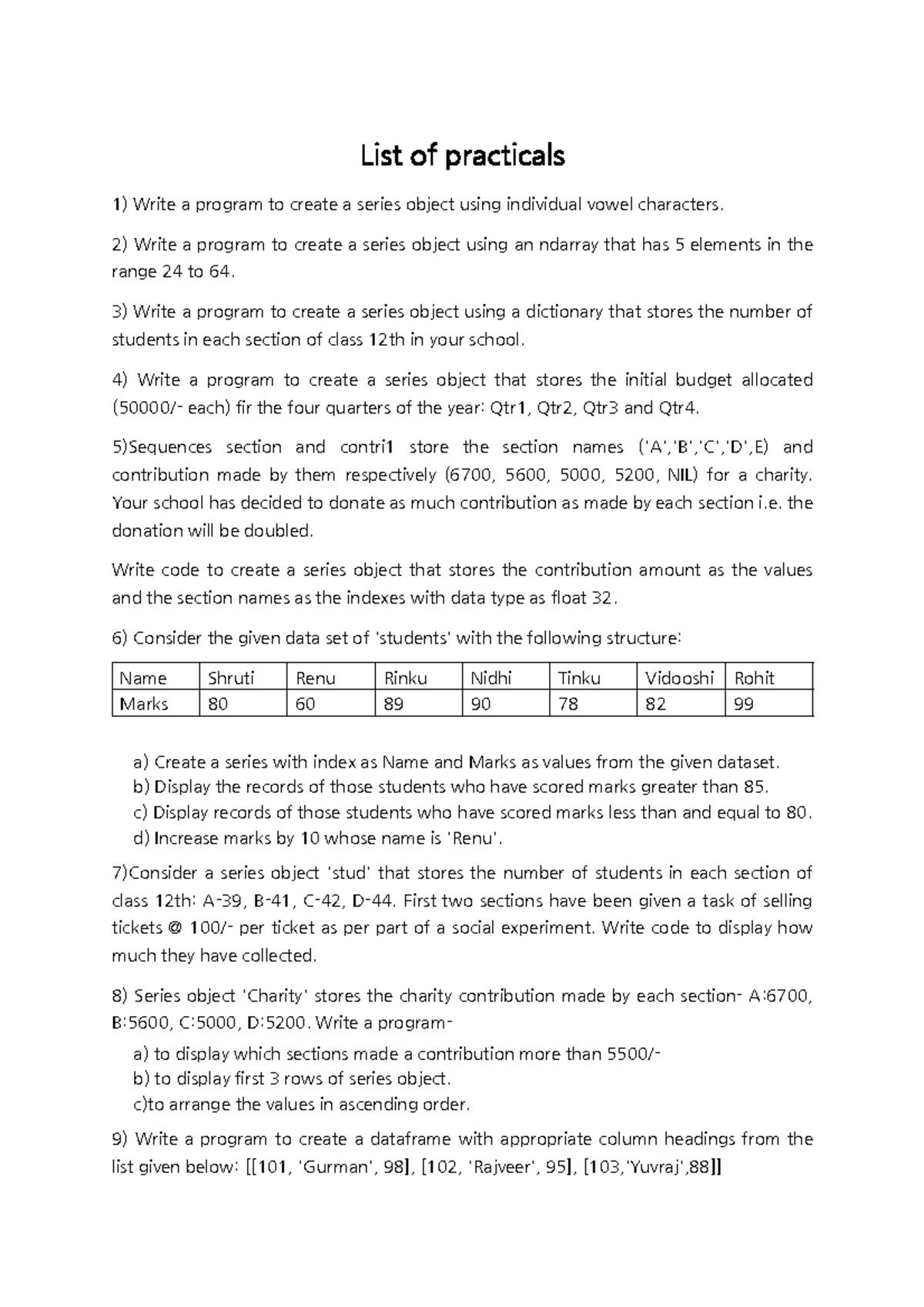 Practical Exercises for DataFrame and Series Creation in Python (CS101 ...