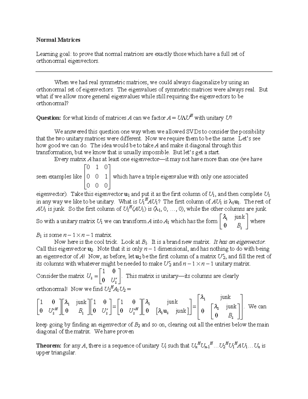 53 Normal Matrices - Normal Matrices Learning goal: to prove that ...
