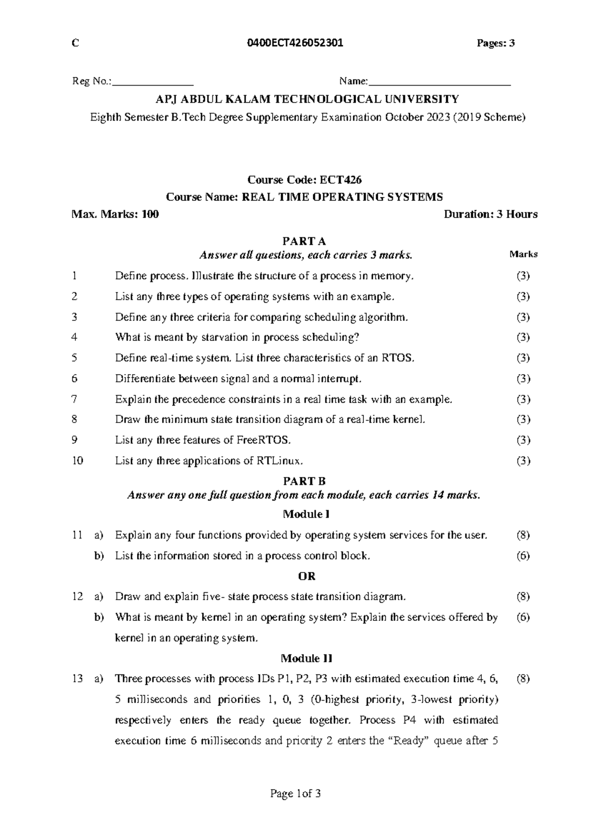 ECT426 Real Time Operating Systems - Supplementary Exam Oct 2023 - Studocu