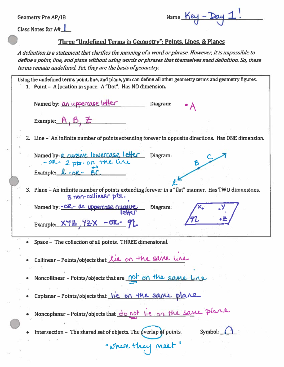 Geometry Class Notes: Points, Lines, and Planes (I) - Studocu