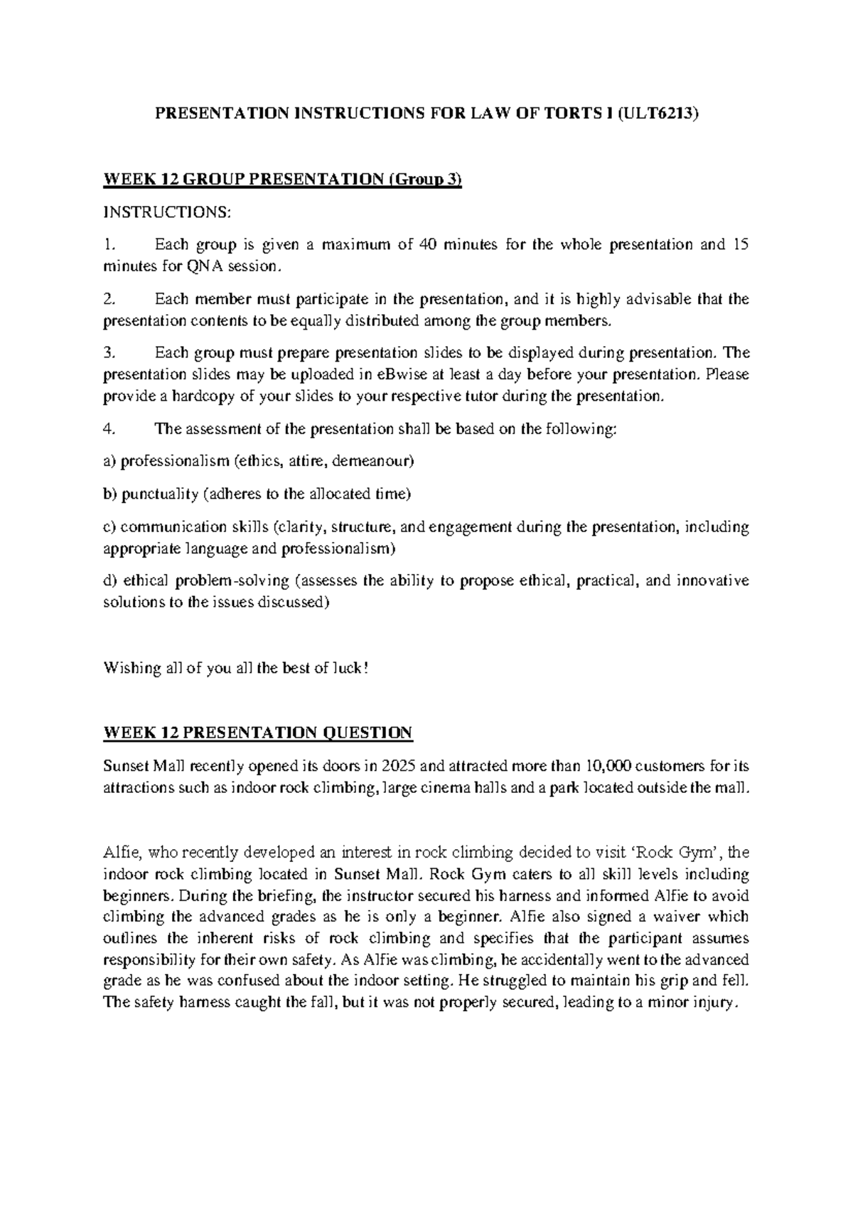 WEEK 12 Group Presentation - PRESENTATION INSTRUCTIONS FOR LAW OF TORTS ...