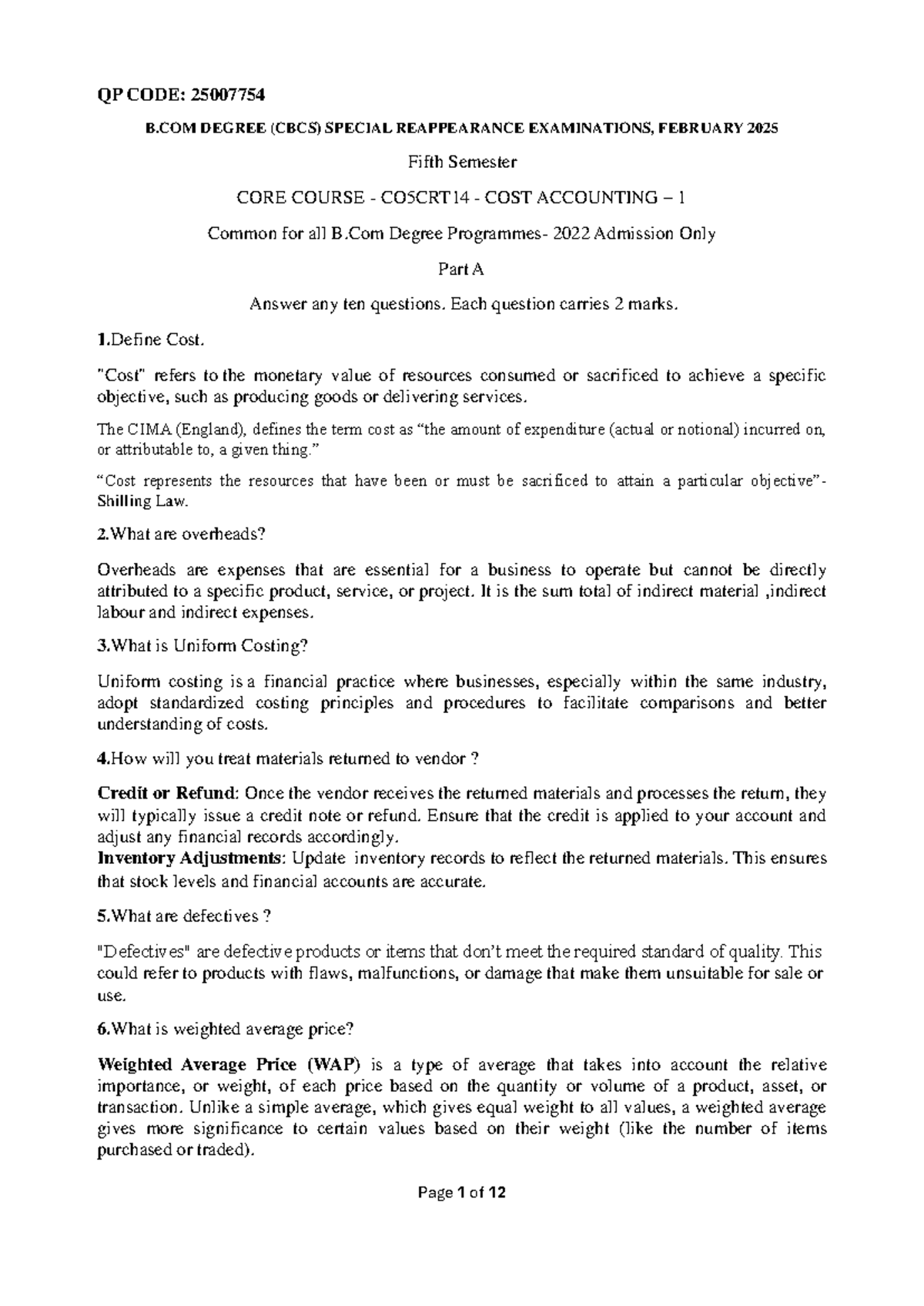 Cost Accounting I (CO5CRT14) Final Exam QP - Feb 2025 - Studocu