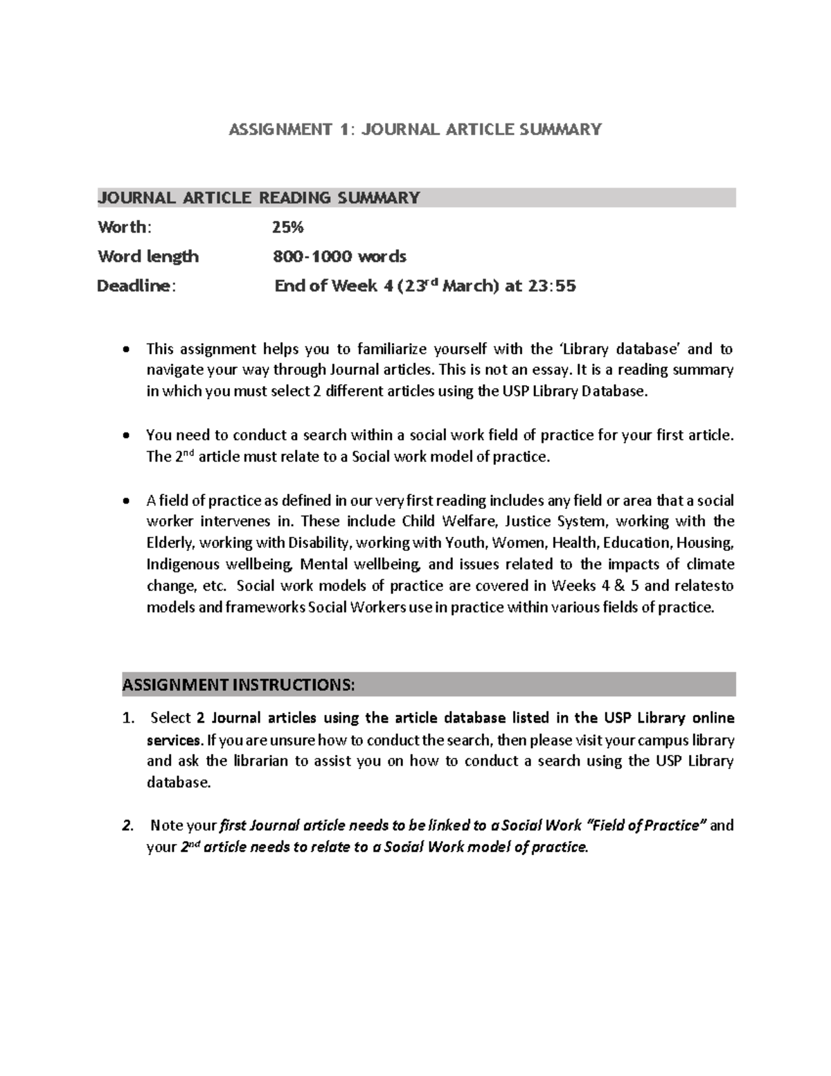 SW100 Assignment 1: Journal Article Summary Guidelines - Studocu