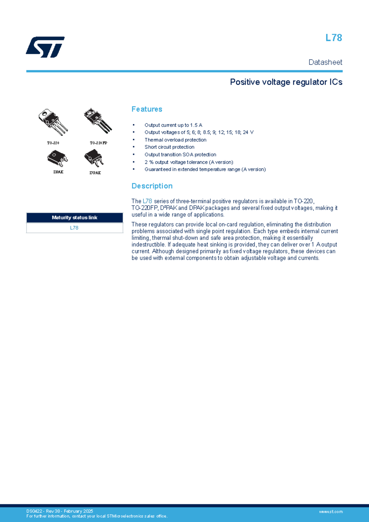 L78 Positive Voltage Regulator ICs Datasheet Overview - Studocu