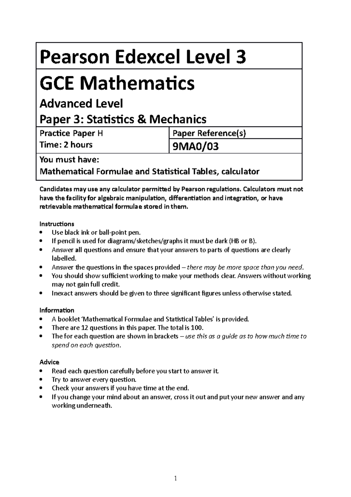 A Level Maths Practice Paper H: Statistics & Mechanics (9MA0) - Studocu