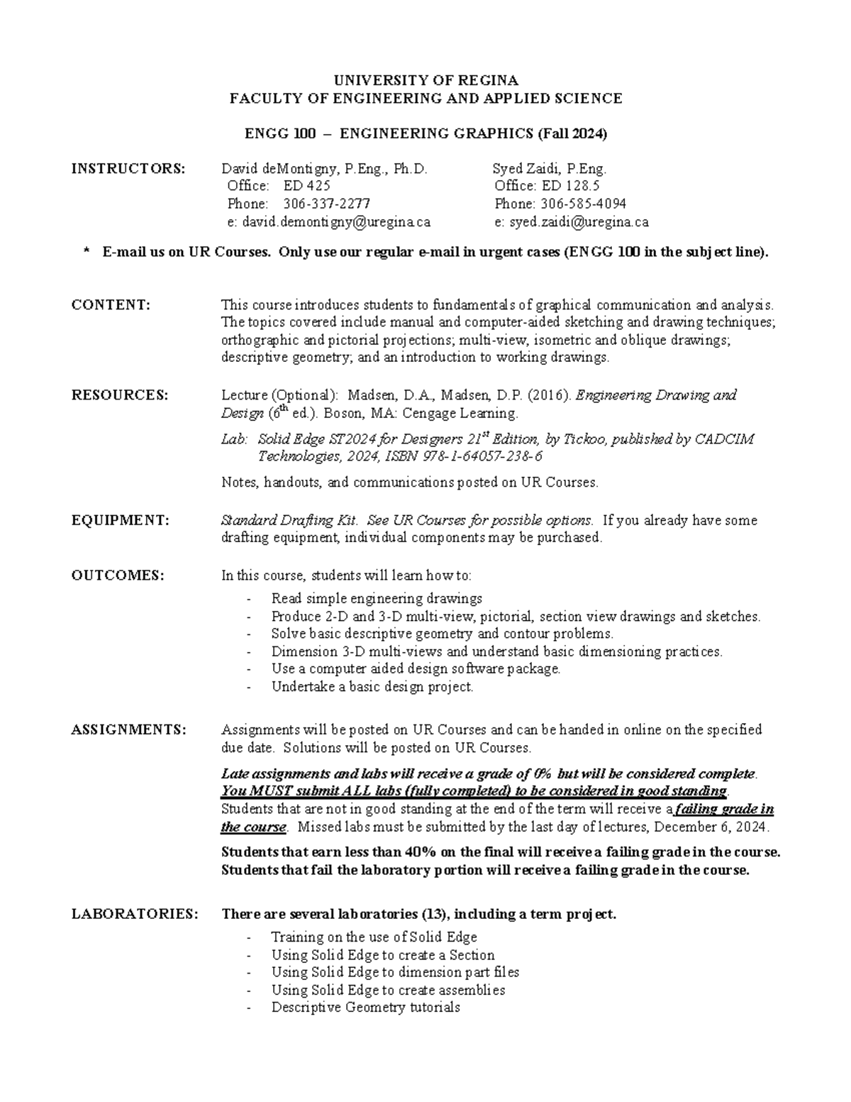 ENGG 100 - Engineering Graphics Course Outline and Lab Schedule - Studocu