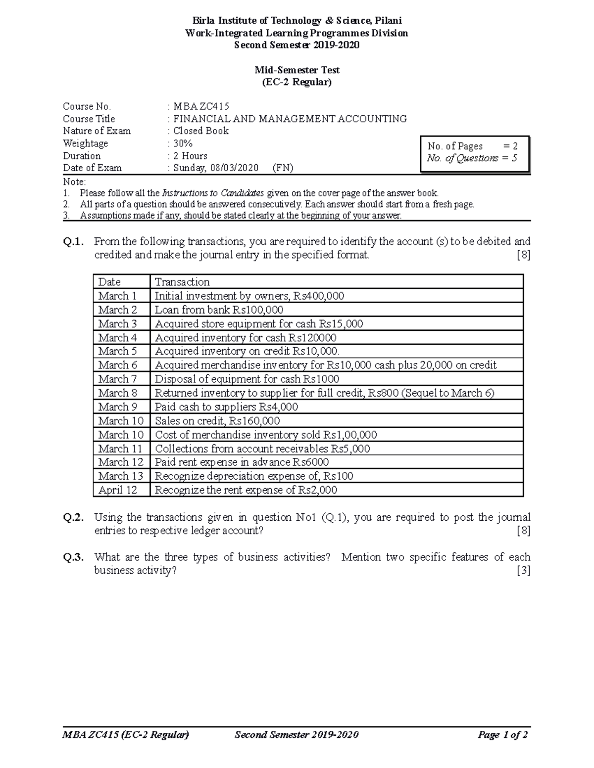 MBA ZC415 - Mid Sem Question Paper 2019-2020: Financial & Management ...