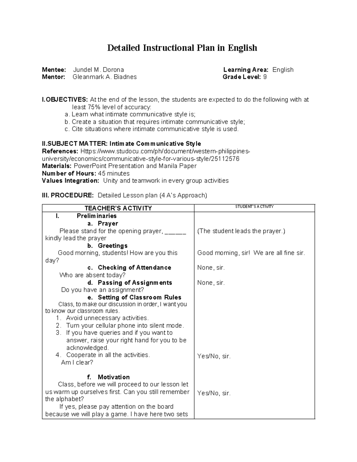 Intimate Communicative Style Lesson Plan - Grade 9 - Studocu
