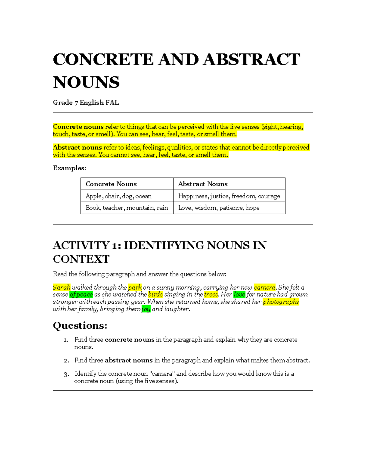 Concrete and Abstract Nouns Worksheet (Grade 7 English FAL) - Studocu