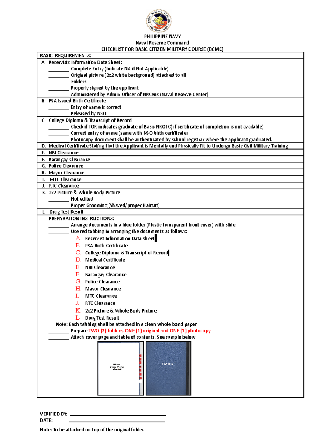 BCMC Checklist for Basic Citizen Military Course Requirements - Studocu