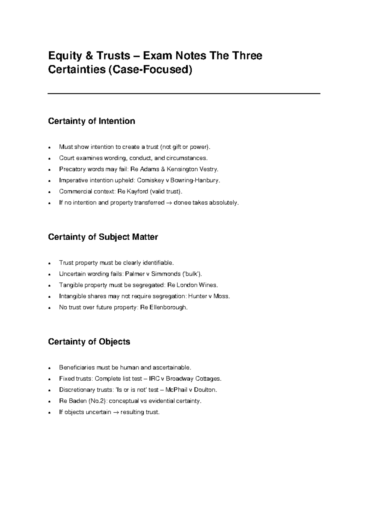 Equity Trusts Exam Notes: The Three Certainties Explained - Studocu