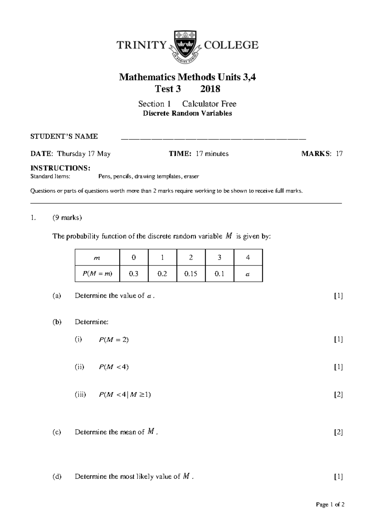 2018 Yr12 Methods Test 3 DRVs - Mathematics Methods Units 3, Test 3 ...