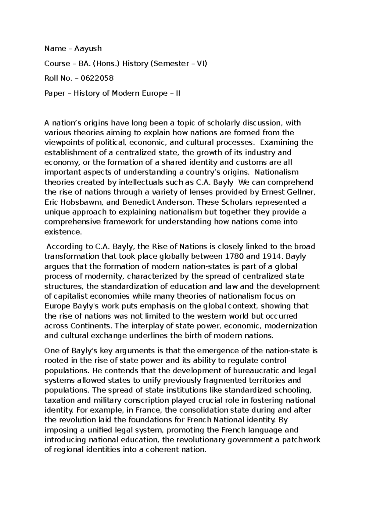 BA (Hons.) History VI: Nationalism Theories and Nation Formation - Studocu