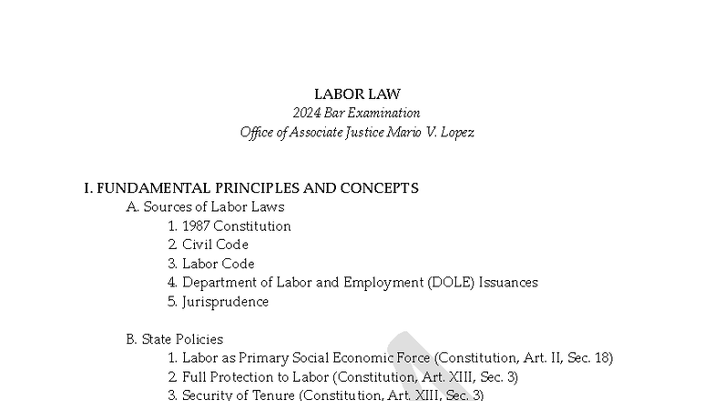 Labor Law 2024 Bar Exam Review: Key Principles and Concepts - Studocu