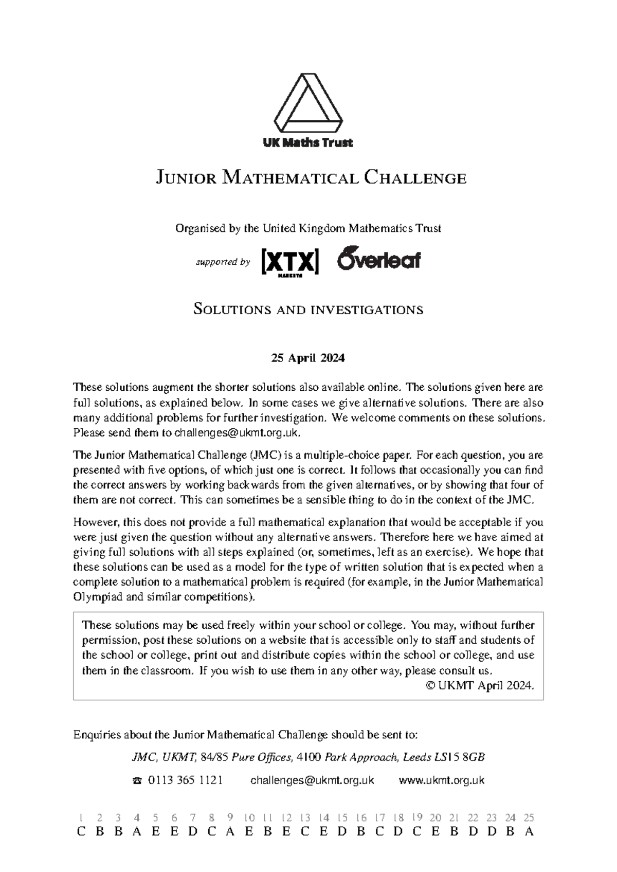 JMC 2024 Extended Solutions: Full Answers & Investigations - Studocu