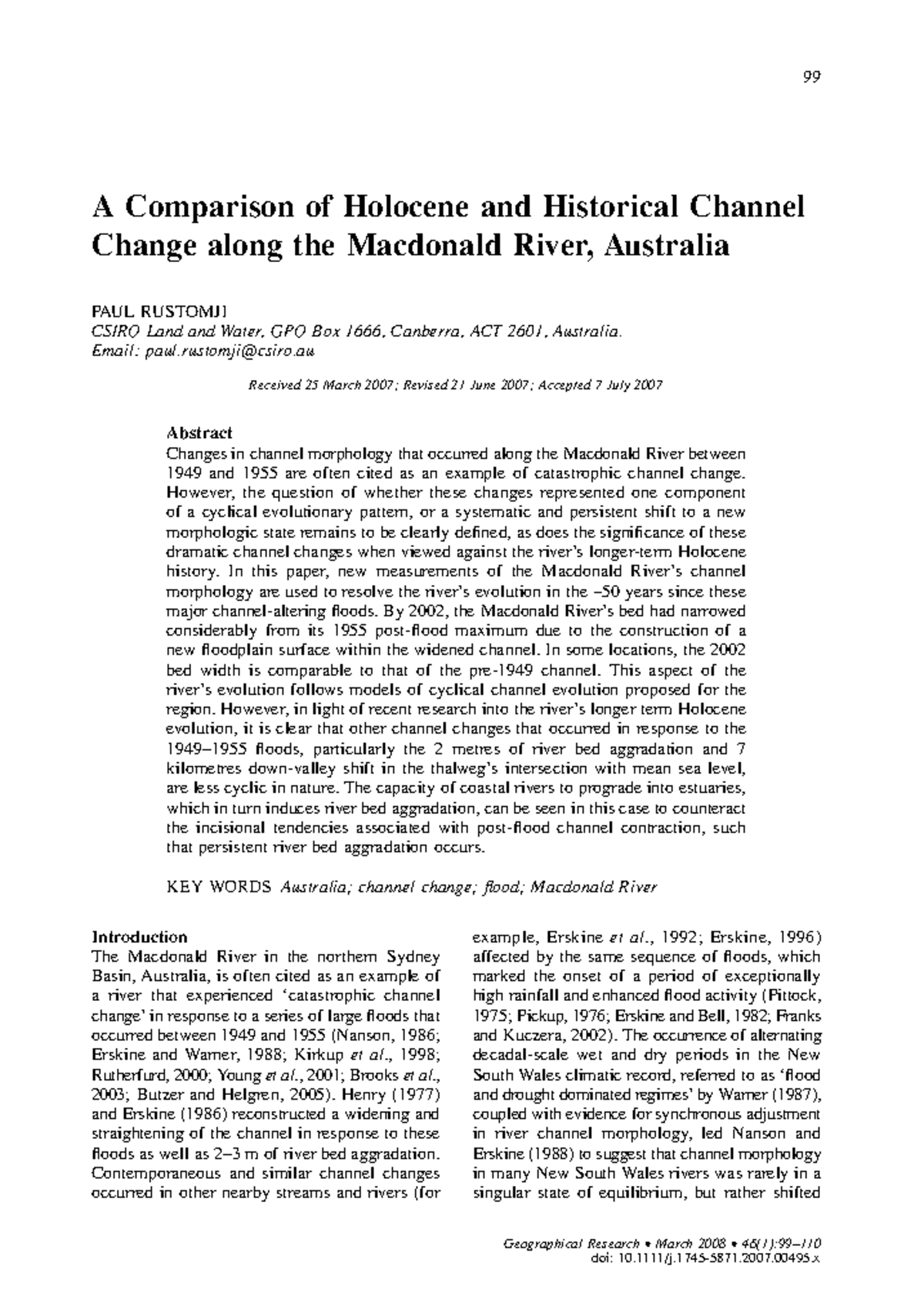 RUSTOMJI 2008: Holocene vs Historical Channel Change in Macdonald River ...