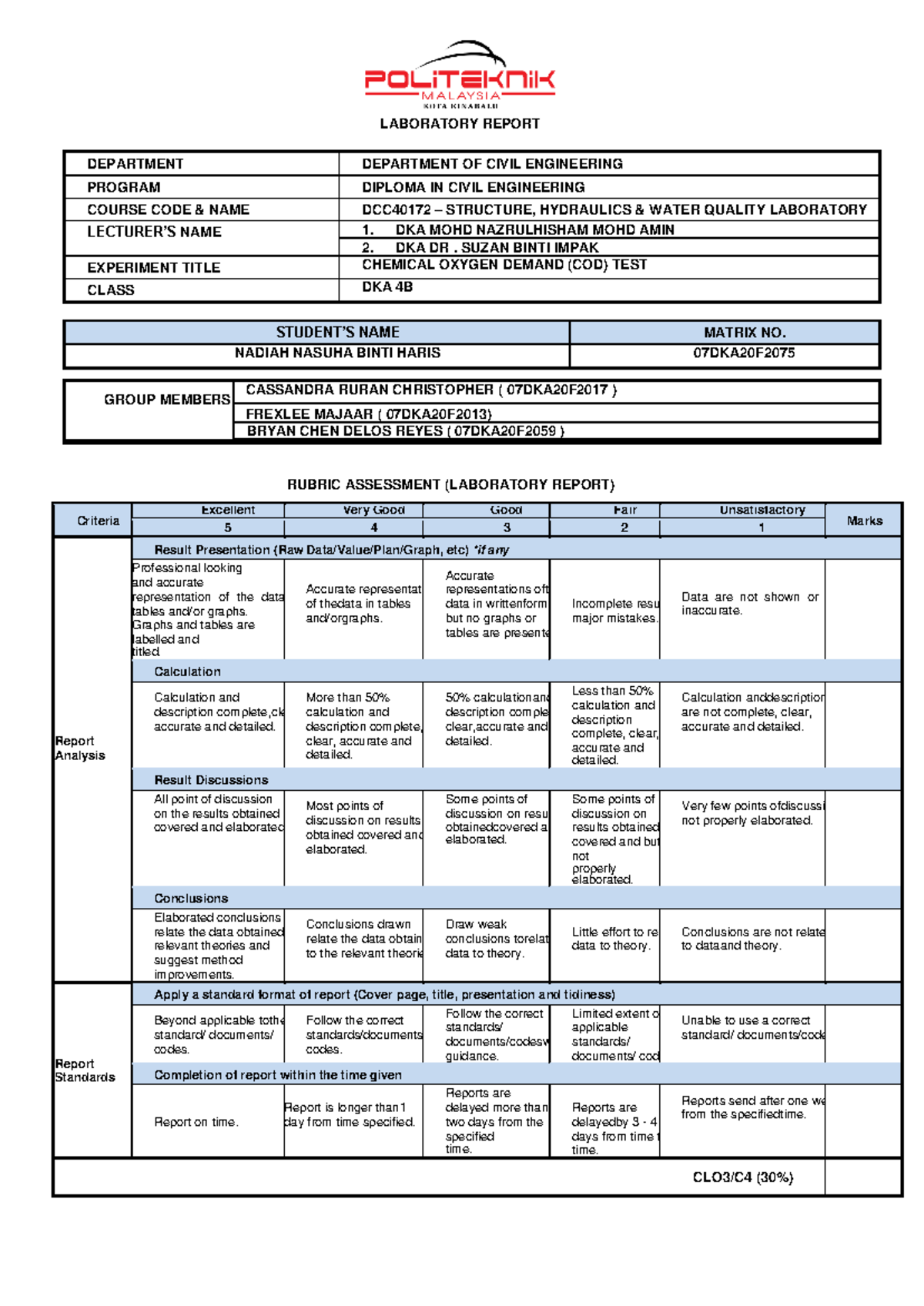 Chemical Oxygen Demand (COD) Test Lab Report - DCC40172 - Studocu