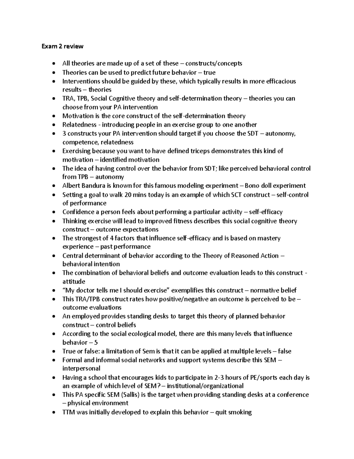 EXSC 410 Exam 2 Review Study Guide - Exam 2 review All theories are ...
