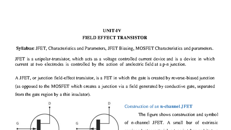 FIELD EFFECT TRANSISTOR Syllabus: JFET & MOSFET Characteristics and ...